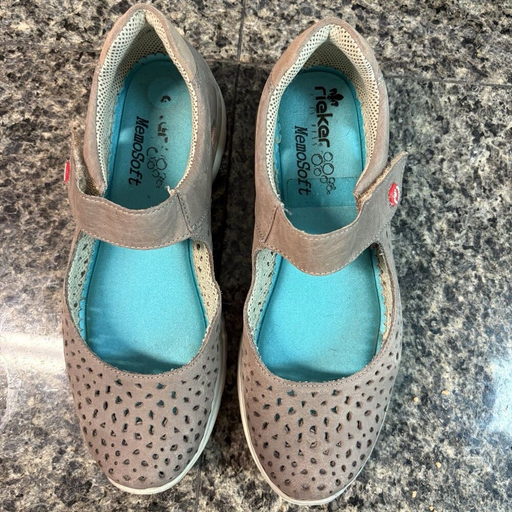 Rieker Women's Mary Jane Flats Gray Leather Perforated Hook & Loop Comfort 7